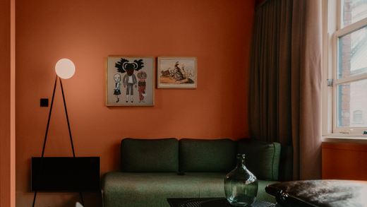 dark living room painted in a bronzy brown orange colour, with a small dark forest green sofa, tv and artworks on the wall placed next to an artificial light