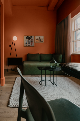dark living room painted in a bronzy brown orange colour, with a small dark forest green sofa, tv and artworks on the wall placed next to an artificial light